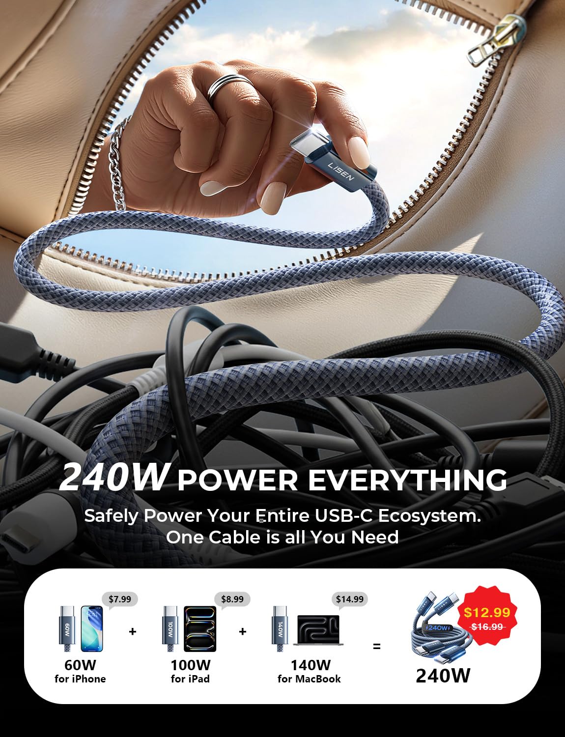 LISEN 2 Pack 240W USB C to USB C Cable 2M USBC to USBC PD Fast Charging Type C Charger Cable for iPhone Accessories 17 16 MacBook Pro iPad Matebook Chromebook Pixel Galaxy S25 Switch Grey-2pack-2M